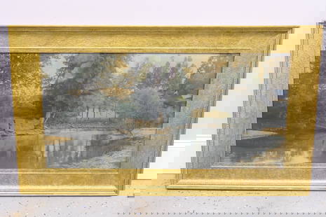 Hand Colored Landscape Photo: Hand colored photo "The Swimming Pool" by Wallace Nutting, under glass with gold tone textured frame. White splotches on photo. Size: Exposed area of art 3'2.5"w x 18.5"h, frame 3'10.5"w x 26.75"h