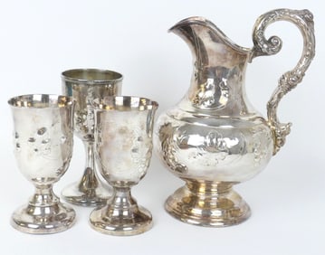Antique Silverplate Water Pitcher with Goblets