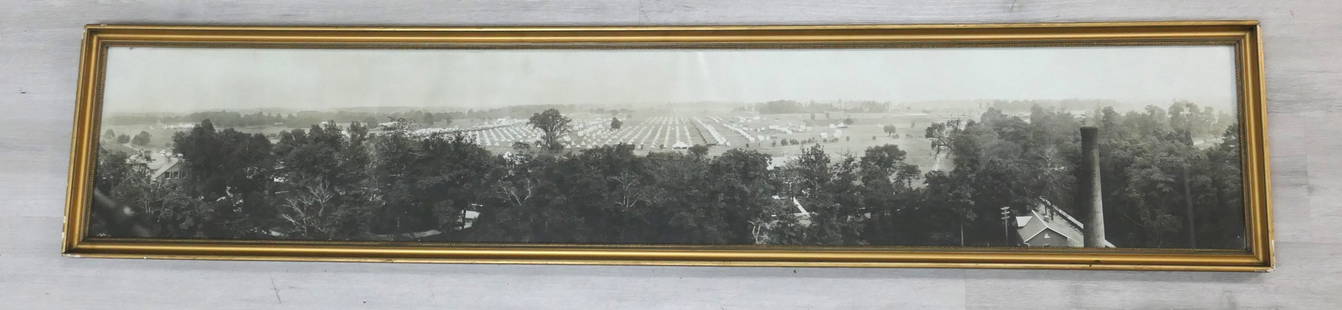 Panoramic Historic Photo of Campground: Panoramic historic photo of campground, either a military or hospital installation in a large field with houses in foreground, framed in gold tone frame. Chipped. Size: 4'10"w x 11.75"h