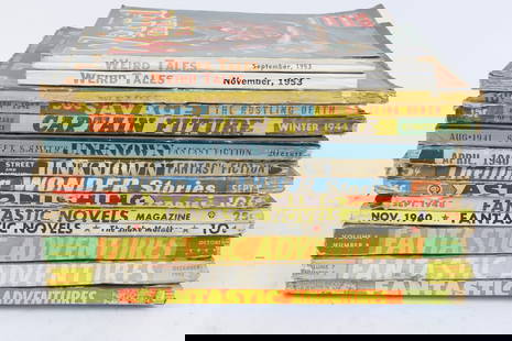 1940's and 1950's Sci-Fi Fantasy Pulp Magazines: 1940's and 1950's sci-fi fantasy pulp magazine assortment including "Weird Tales" from Jan 1945, Nov, Dec 1953; "Doc Savage" Jan 1942, "Captain Future" winter 1944 and more. Aging. Size: 7.5"w x 6"d x