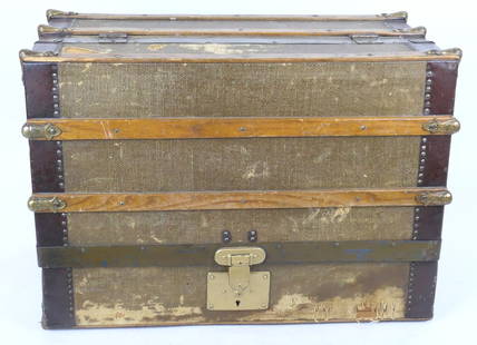 Vintage Table Top Travel Trunk: Vintage table top travel trunk marked C. G. Trunk on hardware with 2 drawers and monogram in tiny rivets. Handles missing, age and wear. Size: 18.5"w x 10"d x 13"h