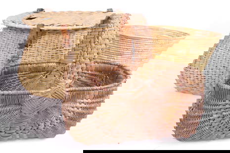 Three Baskets: Three baskets including Western inspired basket, handled basket and fishing basket. Size: Fishing basket 14"w x 8" x 11"h