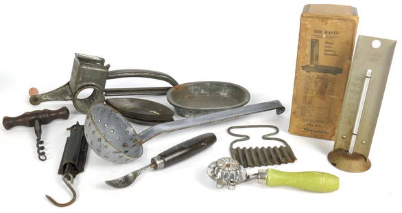 Antique Kitchen Gadgets: Antique kitchen gadgets including "The Rapid" thermometer, cheese grater, pastry cutter, Stamina Pocket Balance and more. Size: Ladle 3.5"w x 3"d x q2"h