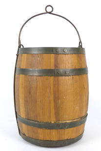 Wooden Well Bucket: Wooden well bucket with wire bail handle and loop at top for attaching to rope. Size: 9"dia x 12"h plus 6" handle