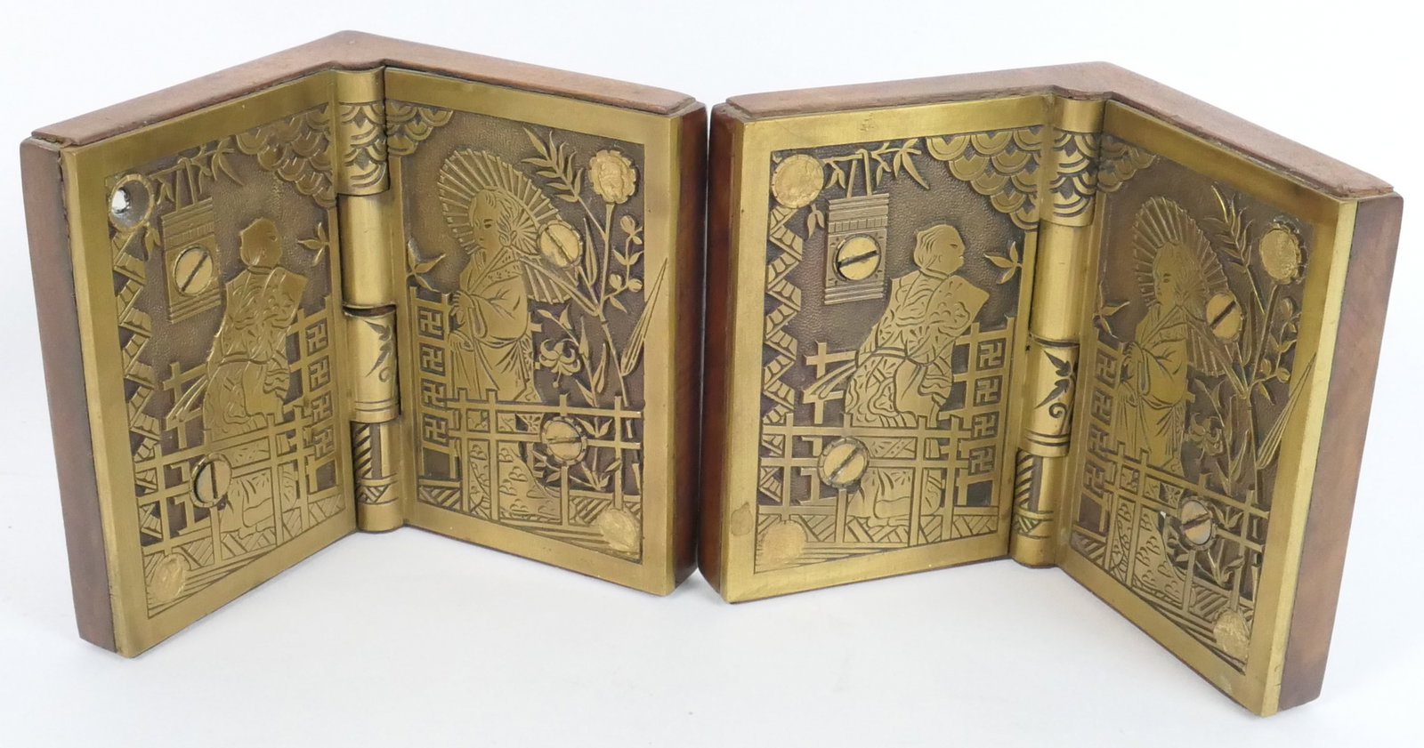 Antique Japanese Hinge Bookends: Pair of antique bronze Japanese hinge bookends mounted on wood and repurposed as bookends. Size: 6"w x 5"h