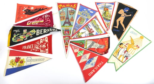 Thirteen Vintage Travel Pennants