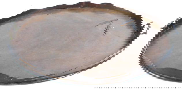 English Wood Serving Tray: English wood oval serving tray with brass handles and scalloped edges. Damage. Size: 26.5"w x 20"d