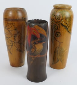 Three Australian Pokerwork Vases