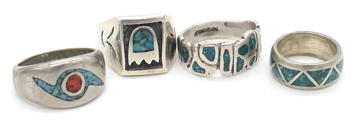 Four Inlaid Crushed Turquoise and Sterling Rings