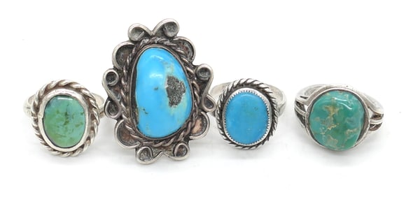 Four Single Stone Sterling and Turquoise Rings