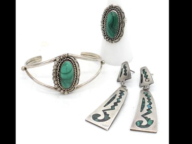 Mexican Sterling Malachite Set and Coordinating Earrings