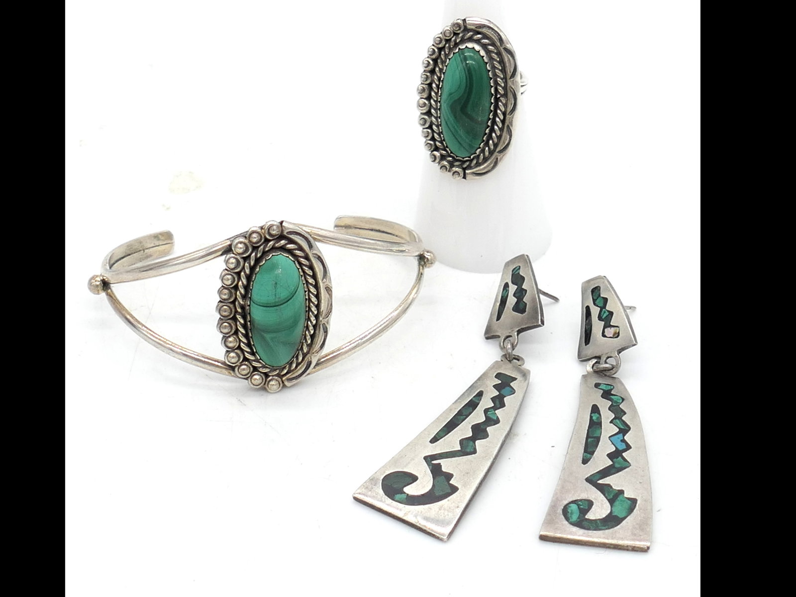 Mexican Sterling Malachite Set and Coordinating Earrings (1 of 6)
