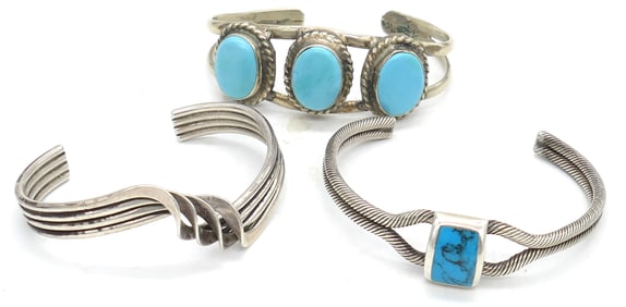 Three Mexican Sterling Cuff Bracelets