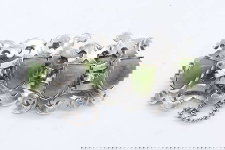 Coin Silver Bracelet with Jade Stones: Coin silver Mexican link bracelet with jade stones marked 0900 ILYED. Size: 7.25"L