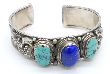 Sterling Triple Stone Turquoise and Lapis Cuff