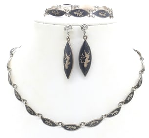 Vintage Thai Sterling Black Nielloware Set