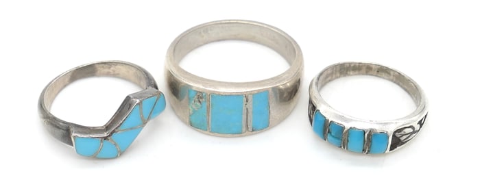 Three Native American Sterling and Turquoise Rings