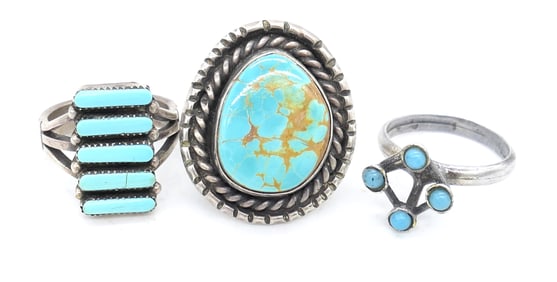 Three Native American Sterling and Turquoise Rings
