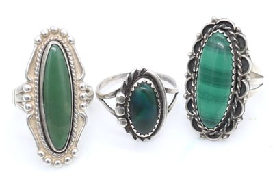 Three Native American Sterling Rings with Green Stones