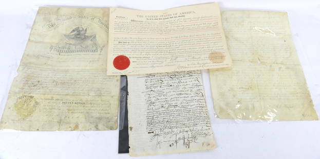 Historical Documents: Historical documents including antique patent documents including 1844, a letter in Hindi and more. Fragile.