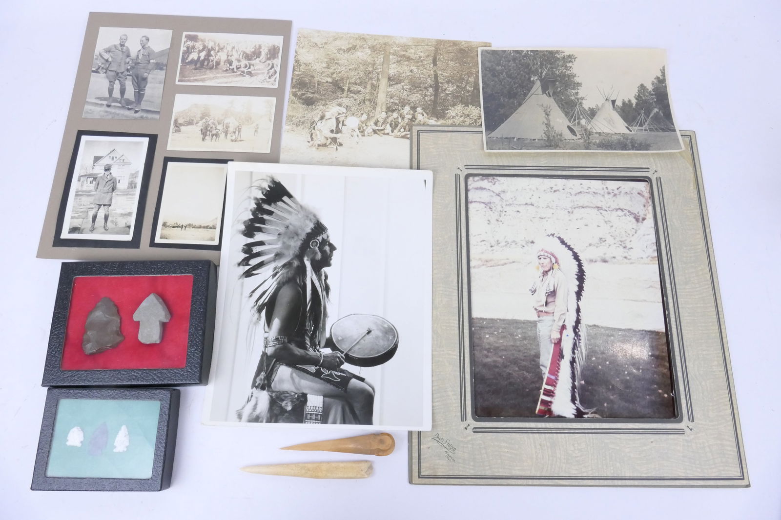 Native American: Native American collection including (2) bone sewing tools, arrowheads and assorted photographs.