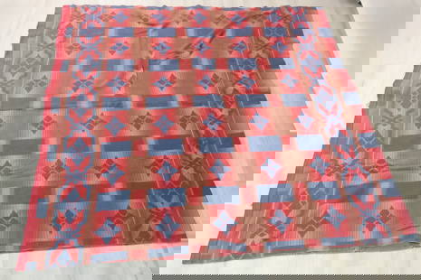 Native American Design Blanket: Native American design blanket with satin binding in blue, rose and brick. Wear, fraying on edges. Size: 5'11"w x 12'6"h