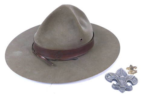 Boy Scout Collectibles: Boy Scout collectibles including Scoutmaster hat by John B Stetson Co., boy scout pin patent 1911 and paperweight. Size: No size in hat