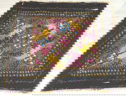 Hand Embroidered Wool Suzani Tablecloth: Hand embroidered wool suzani tablecloth featuring birds, hearts and geometric designs with artist label: M I Hinshaw. Damage, torn wool fabric, loose and missing threads. Size: 4'6"w x 4'10"L