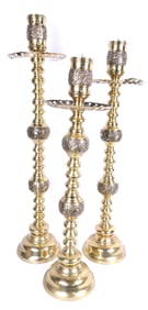 Three Tall Brass Pillar Candleholders
