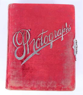 Antique Photo Album: Antique photo album with velvet cover and metal letters including (30) cabinet card photos, (18) CDVs and (2) tintypes. Clasp is intact. Cover worn bare in spots, "P" has broken away. Size: 8.5"w x 2.