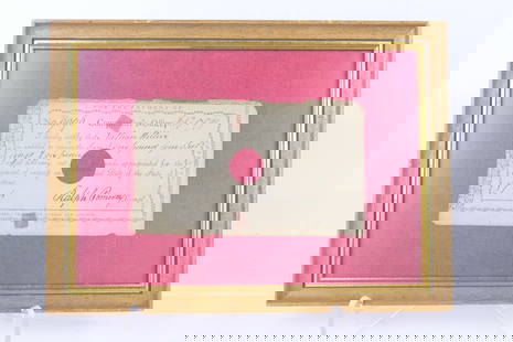 1790 Legal Document: 1790 legal document "Nathan Willios is entitled to receive 1 pound, 4 shillings and sixpence for interest on the State of Conn's debt in Hartford. Mounted to red burlap and framed. Hole in middle, fra