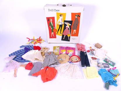 Vintage Barbie Clothes and Accessories: Barbie clothes and accessories including dresses, shoes, purses, hats, jeans, tops and more, all in Ponytail Doll case. Plus Barbie and Ken booklet and one without cover. Vintage condition. Size: Case