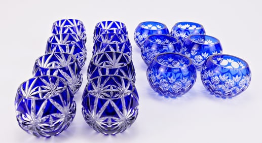 Fourteen Cobalt Blue Cut to Clear Glass Votives