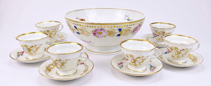 Decorative Floral Cups, Saucers and Center Bowl