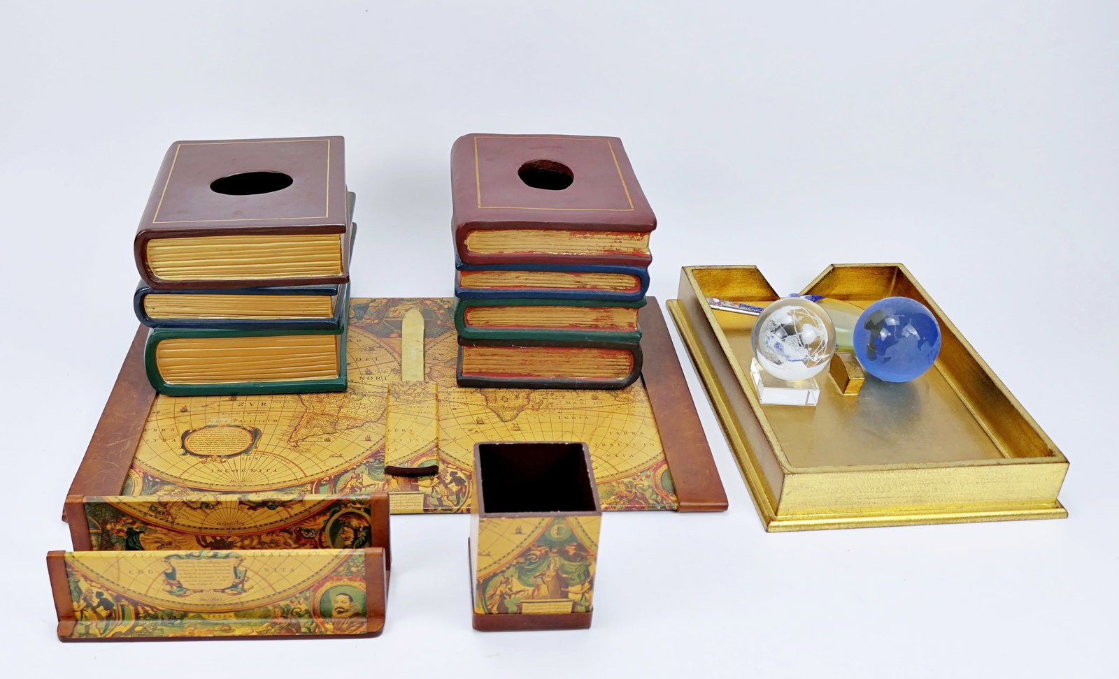 Office Accessories: Office accessories including an Old World map desk set made in Italy, blue enameled dragonfly themed magnifying glass, two book stack tissue box covers and more. Size: Desk mat 19.5"w x 13"d