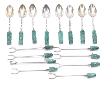 Sterling and Carved Jade Utensils