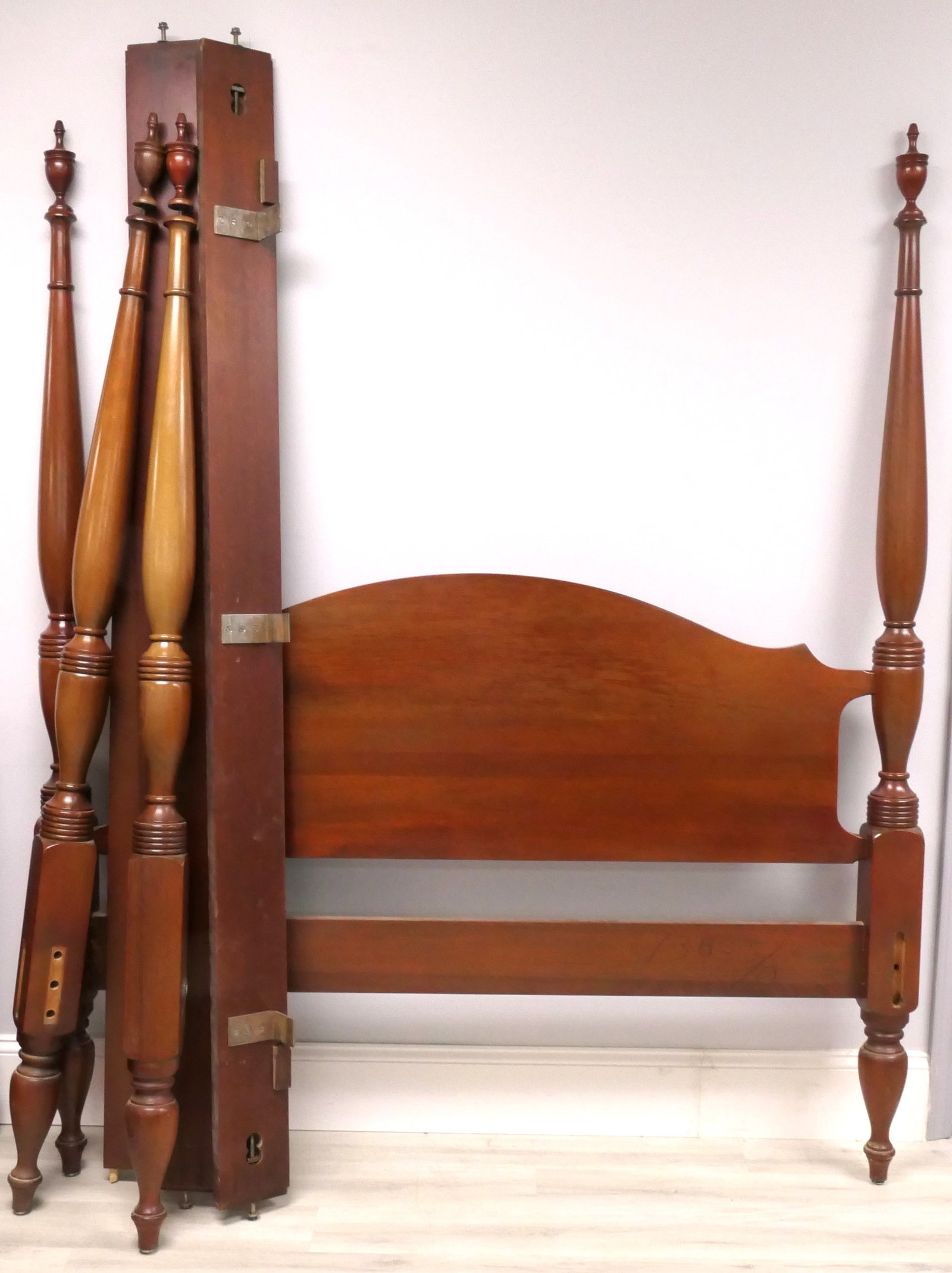 Queen Cherry Four Poster Bed Frame: Queen cherry 4 poster bed frame by Ross Furniture with urn finials and wood side rails. Sun fading. Size: 5'4"w x 6'4"h