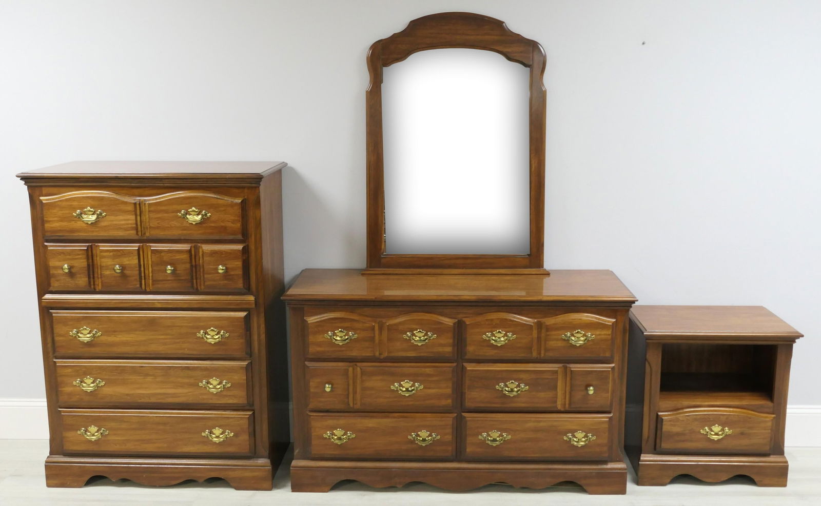 Chest, Dresser with Attached Mirror and Nightstand: Chest, dresser with attached mirror and nightstand by Ross Furniture Inc. Chest has 5 full length drawer, dresser shows 6 drawers with attached side mirror and nightstand has single drawer over open s