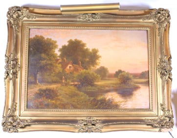R. Jenson Oil on Canvas Lakeside Cabin Scene