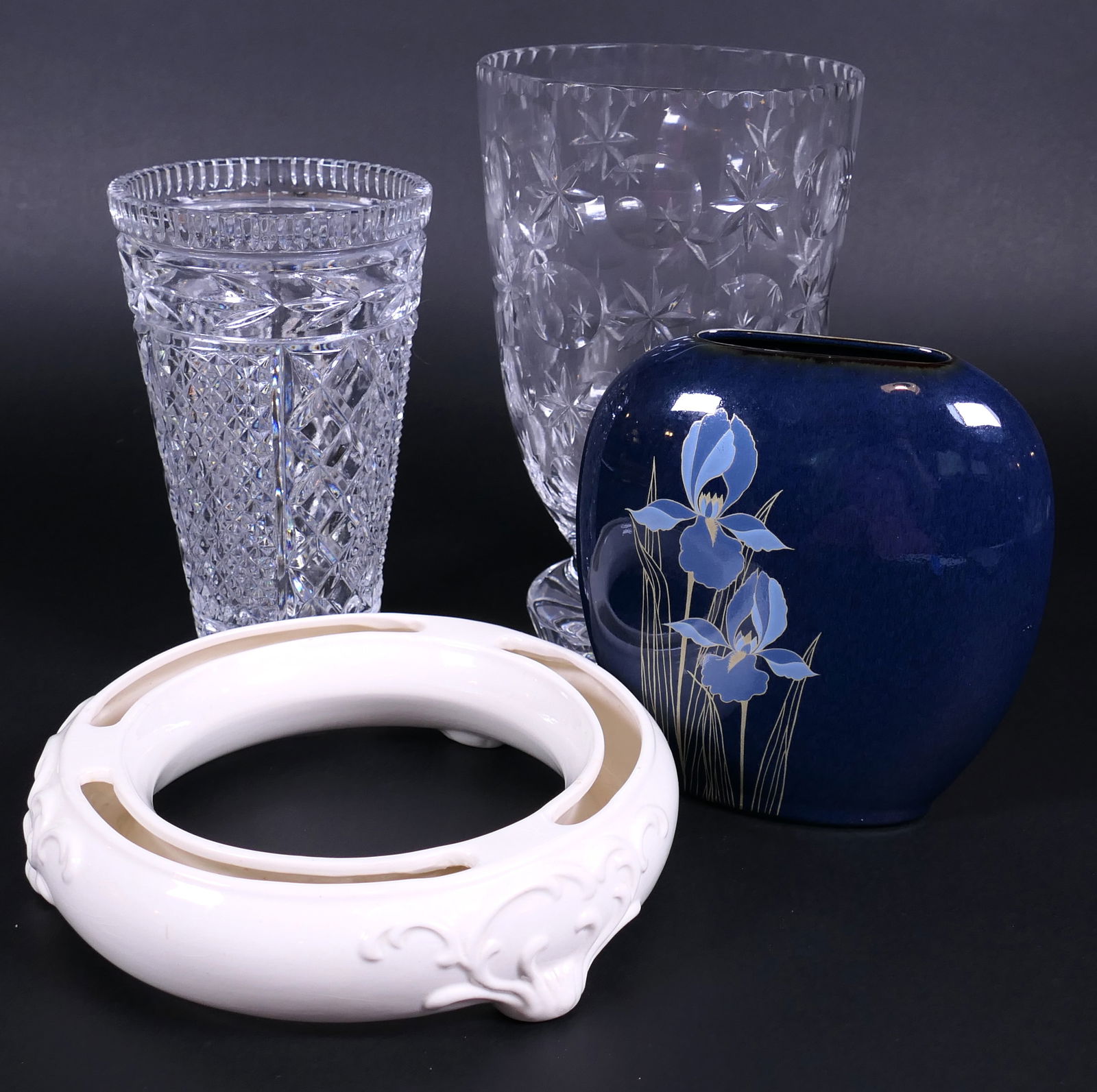 Four Lovely Vases: Four vases including Goebel pansy ring marked Western Germany, EAPG vase with cross hatch and leaf design, large porcelain vase with coin dot and star accenting and Otagiri. Size: Tallest 6"dia x 10"h