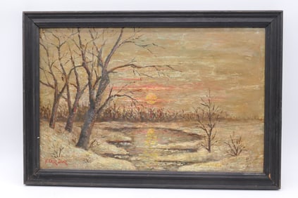 Vintage Oil on Board Sunset Landscape