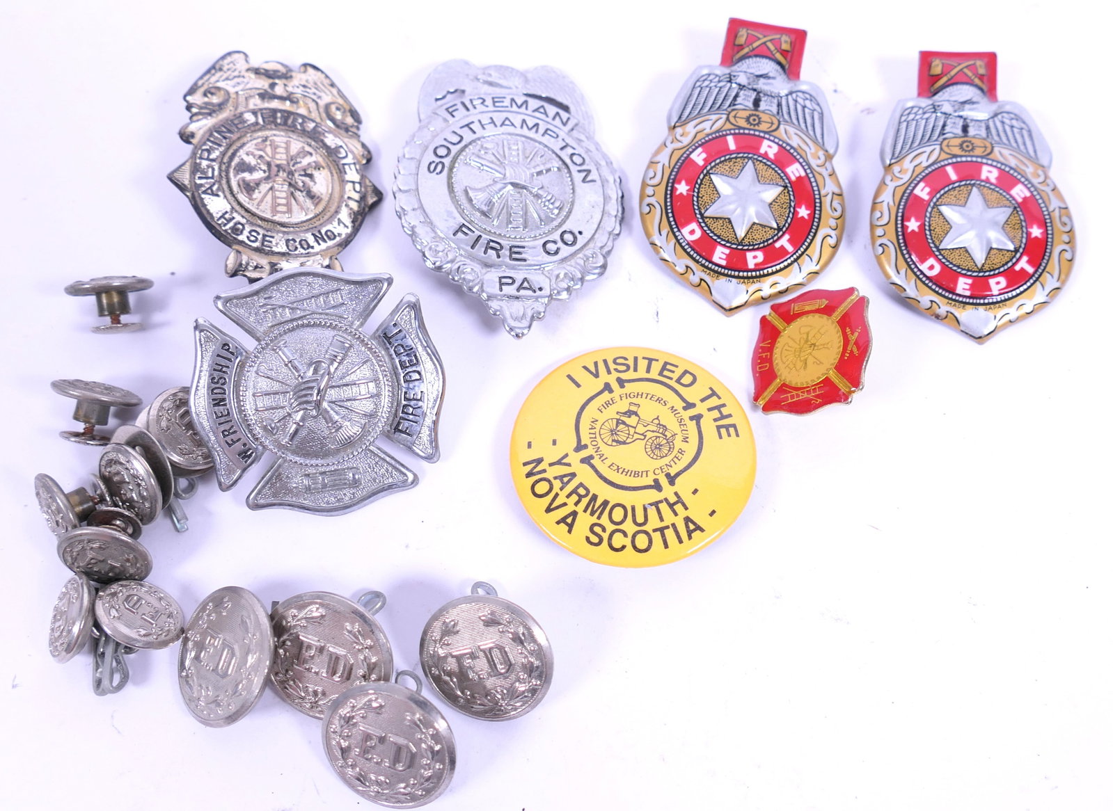 Waterbury Pins and Badges: Waterbury Fire Department pins, badges and button including So. Hampton, Alpine and more. Size: Largest 1.75"w x 2.5"h Location: Front Bedroom