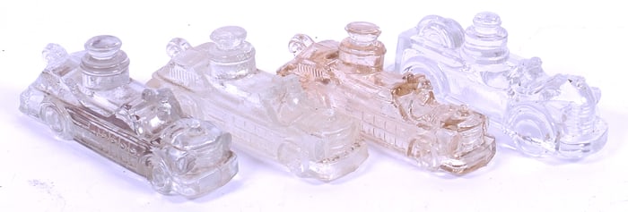 Four Jeanette Glass Fire Truck Candy Containers
