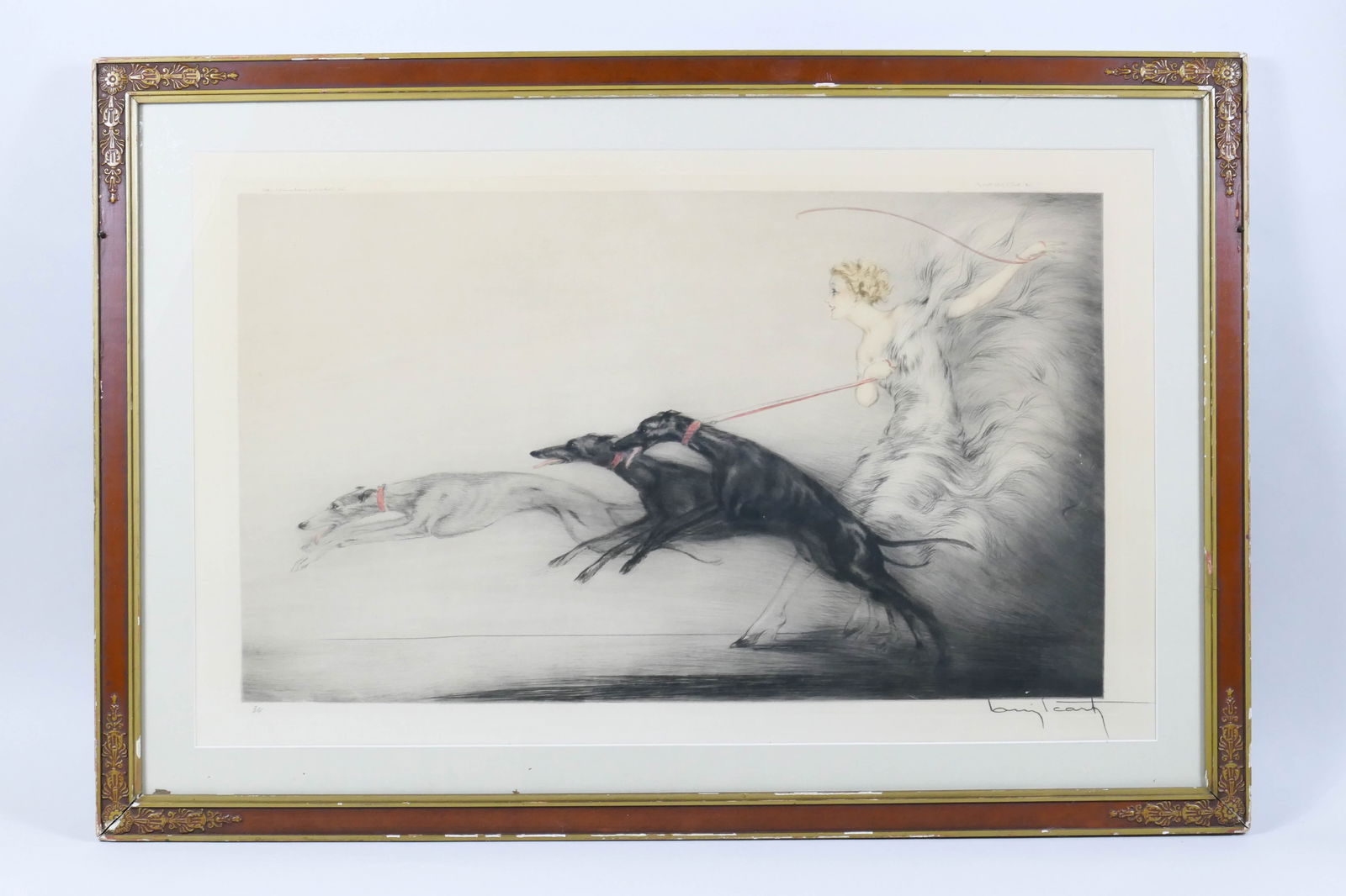"Vitesse" Original Etching by Louis Icart: Original etching and aquatinte by Louis Icart titled "Vitesse", depicting greyhounds pulling at their leads, held by a woman in a flowing garment. Marked with a seal and numbered #34 in pencil. Artist