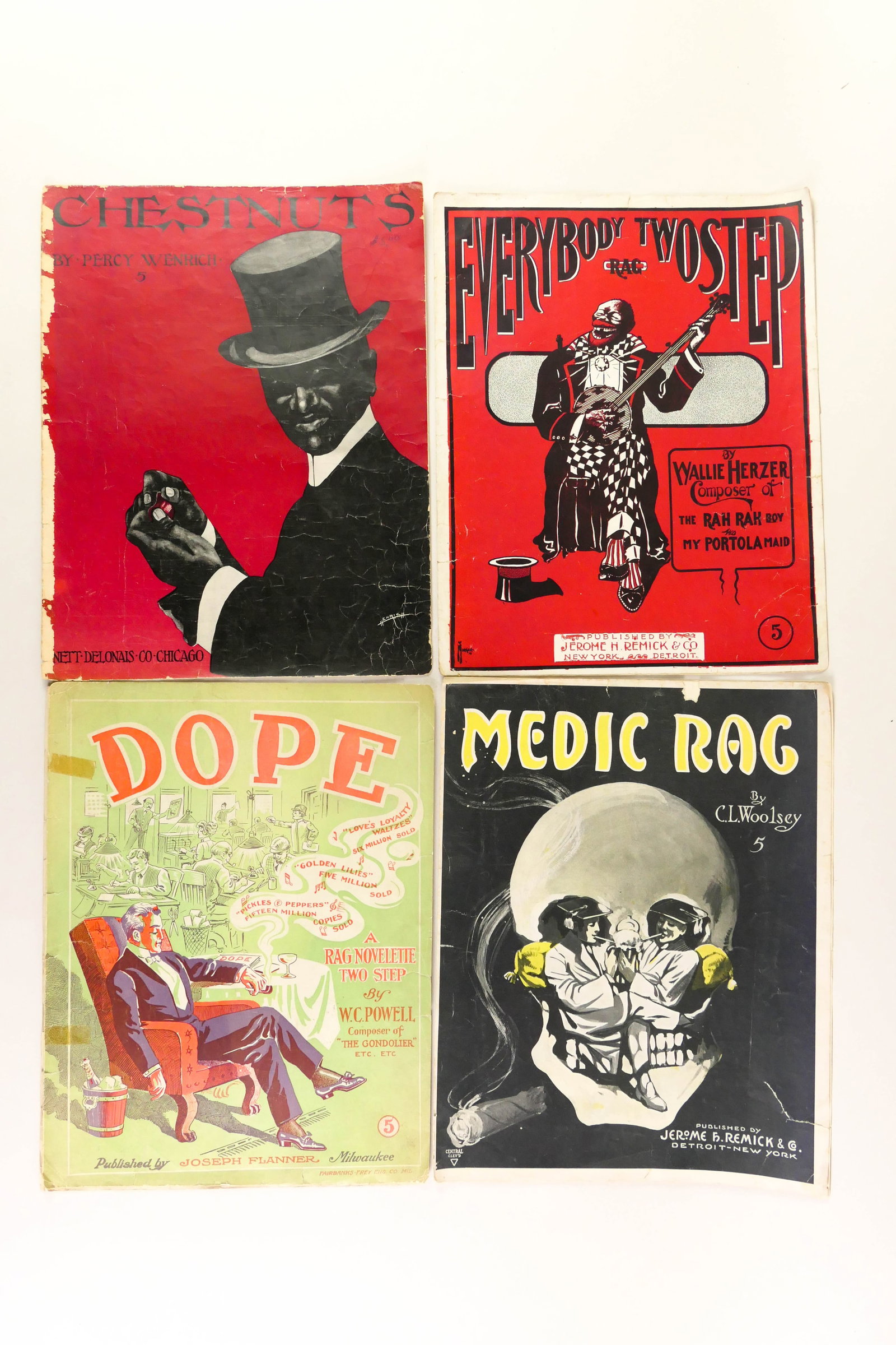 Vintage Rag Sheet Music: Vintage rag sheet music with songs including Dope, Chestnuts, Medic rag, and Everybody Two Step rag. Some of the hardest titles to find! All sheets show heavy damage, discoloration, and wear. Size: 10