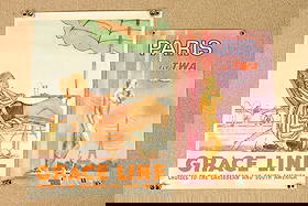 Two Travel Posters: Two travel posters. One for Grace Line cruises and one for TWA. Hardware used to hold down corners not included. Size: Larger 30"w x 20"h Location: Den