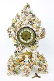 German Meissen Style Rococo Month Clock with Ornate Floral Scene