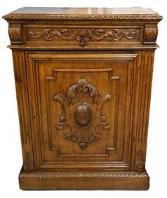 Oak Single-Door Buffet Cabinet with Carved Details