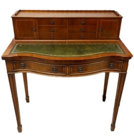 Mahogany Finish Writing Desk with Serpentine Front and Tooled Leather