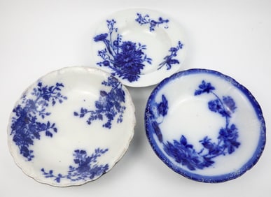 Three Flow Blue Serving Bowls